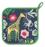 This dark blue pot holder with a green edge and handle has a design of a giraffe and monkey among jungle plants.