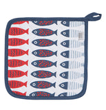 The "Little Fish" Pot Holder features a red, white, and blue fish design against the white background. It has a blue border.