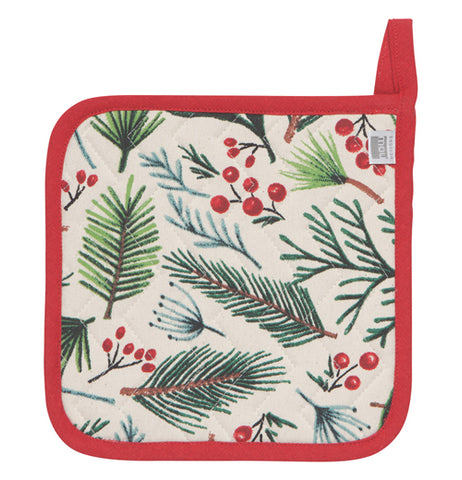 This cream colored pan holder with a red outline has a design of green Christmas tree branches, holly boughs, and red berries.