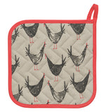 This pot holder is outlined with red and has illustrative chickens on the gray center.
