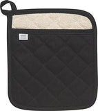 A black pot holder with a white top and a checkered stitched pattern.