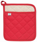 a red potholder with stitched checkered pattern