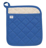 a royal blue colored potholder that is stitched with a checkered pattern