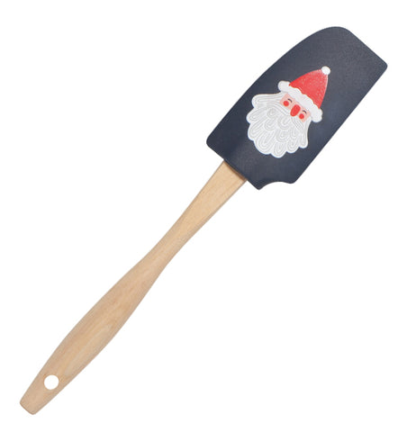This rubber spatula with a black head and wooden handle has a picture of a Santa Claus head with his red hat pointed straight up.