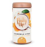Off white cylinder shape container that has an image of oranges with the words Pinky Up covering up part of the image. The words Chamomile Citrus Herbal Tea with Flowers is underneath. Container has a copper colored lid.