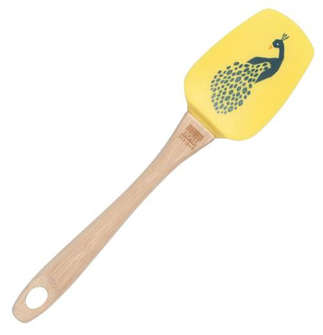 This yellow rubber spatula has a dark blue peacock image on it.