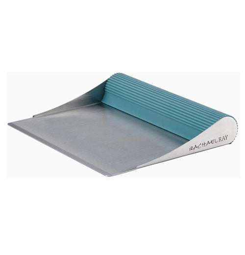 This is a bench scraper with a sky blue handle.