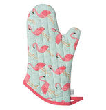 This turquoise oven mitt features a design of hot pink flamingos covering it.