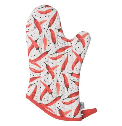 White oven mitt with a red chili pepper pattern and red trimming.