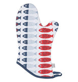 This white oven mitt features columns of red, white, and blue fish as its design.