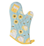 This blue and yellow oven mitt features bees, flowers, and jars of honey.