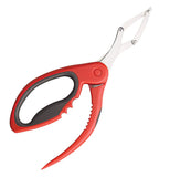 A tool with a red handle shaped like crab pincers at one end and silvery metal pliers at the other end.