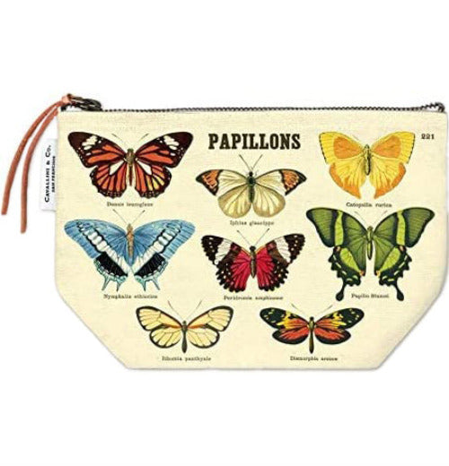 Pictures of orange, white, black, blue, transparent, red, yellow, and green butterflies on a beige coin pouch.