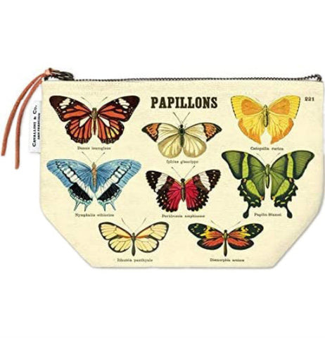 Pictures of orange, white, black, blue, transparent, red, yellow, and green butterflies on a beige coin pouch.