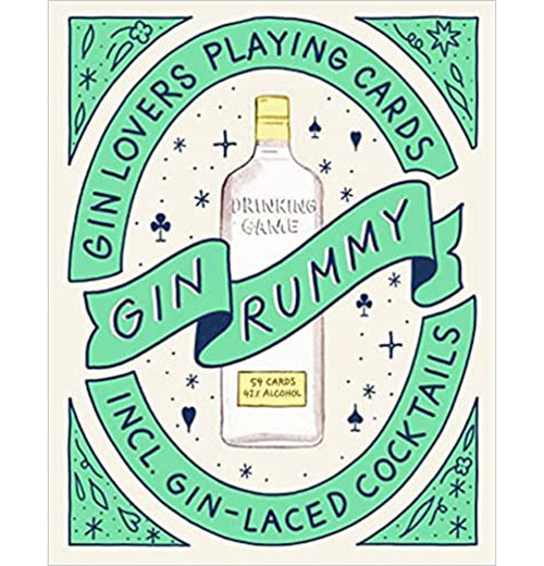 A green and beige deck of cards read "Gin lovers playing cards, including gin-laced cocktails" around a picture of a gin bottle, and "Gin Rummy" across a ribbon in the middle.