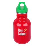 This red steel water bottle has a green loop lid and its logo, "Klean Kanteen" in white lettering.