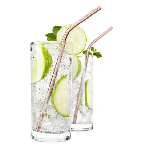 Copper Cocktail Straw is shown in a glass of sparkling soda with three slices of lime.