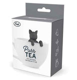 Cat shaped infuser in the grey and white box.