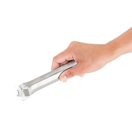 The hand holding the ice cube with the Ice Tongs. 