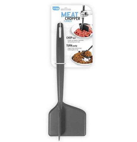 This black nylon meat chopper has four rocket-like fins on one end, one of which is longer and wider than the other three, and a long handle on the other. The cardboard packaging that this tool is attached to features the words, "Meat Chopper" in blue and black lettering. Below those words are pictures of the tool being used like a spatula to break up raw meat on top and cooked meat at the bottom.