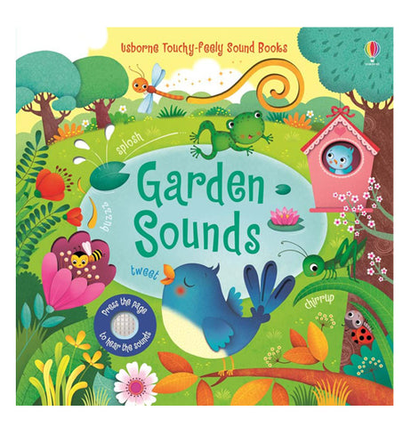 The "Garden Sounds" Book shows beautiful surroundings, such as the blue bird singing, a baby bird in a bird house, a frog on a pond, and a bee on a pink tulip. 