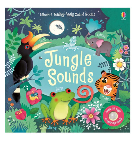 The cover of this book shows an elephant, tiger, frog and toucan in a jungle setting surrounding the title of the book "Jungle Sounds"