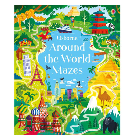 The front cover of the 'Around the World Mazes' Book shows cultural landmarks from around the world including the Leaning Tower of Pisa, the Eiffel Tower, Red Square, and the Great Pyramids.