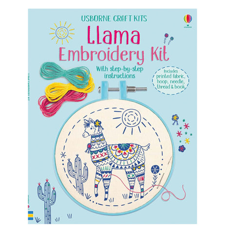  This blue book is called Llama  Embroidery Kit. An embroidered Llama is colored with different patterns set in an embroidery frame and thread.