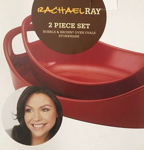The "Red" 2 Piece Bubble &amp; Brown Ceramic Baker Set is packaged in a box with Rachel Ray&