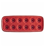 The top of a red tray capable of holding twelve eggs is shown.