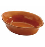 This is an oval-shaped orange baking dish with two handles on either side.