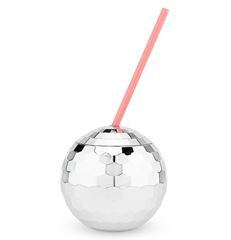 This silver drink tumbler is shaped like a disco ball and has a salmon pink straw sticking out its top.