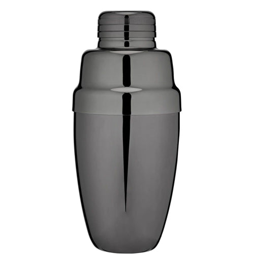 Black "Gunmetal" cocktail shaker over a white background.