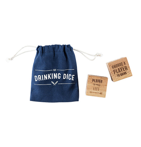 These wooden dice have a navy blue bag with the words, "Drinking Dice" in white lettering. The wooden die to the right says, "Choose A Player to Drink" in dark brown lettering. The die to the left says, "Player to the Left" also in dark brown lettering.
