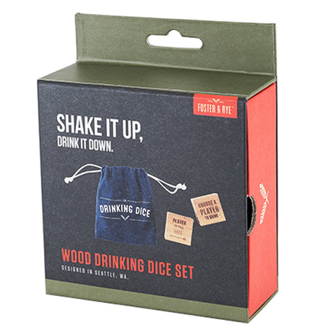 A box with a picture of the wooden drinking dice and their blue bag is shown. The words, "Shake It Up, Drink it Down" are shown above the picture in white lettering. Below the picture are the words, "Wood Drinking Dice Set" in red lettering.