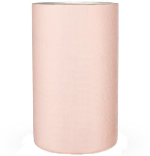 This round light pink drink holder is made from stainless steel, and seen from a front view-point..