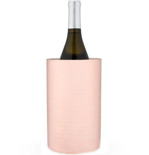 A wine bottle is shown resting inside the steel light pink bottle chiller.