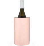 A wine bottle is shown resting inside the steel light pink bottle chiller.