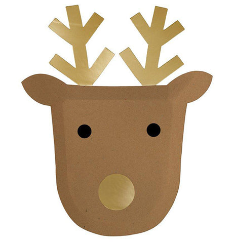 A brown and gold colored paper plate in the shape of a reindeer head.