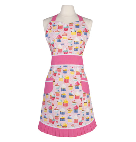 This pink apron is decorated with a design of different colored cupcakes from top to bottom.