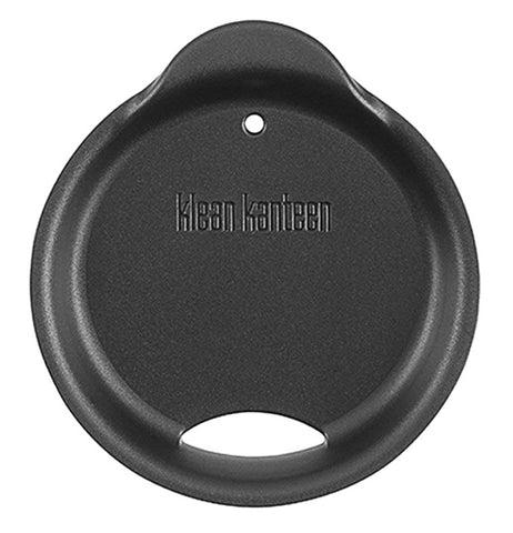 This round black plastic lid has a slit at the bottom for drinking out of the cup. The "Klean Kanteen" logo sits at the top below a tiny hole. The top of the lid's rim has its tip for prying off the water bottle top.