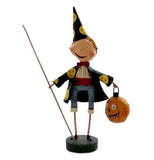 This figurine is of a wizard holding a long staff in one hand, a pumpkin shaped trick or treat bag in the other, and wearing a pointed black hat and black coat, which both have yellow smiling faces on them.