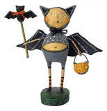 This Halloween figurine wears a dark gray costume with black bat wings and a cowl with ears and holds a stick with a bat on it in one hand and a Jack-O-Lantern shaped trick or treat basket in the other.