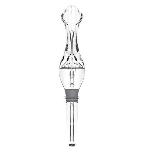 This plastic device with a flower-shaped opening at the top is made for slowing the pouring of wine and other alcoholic beverages.