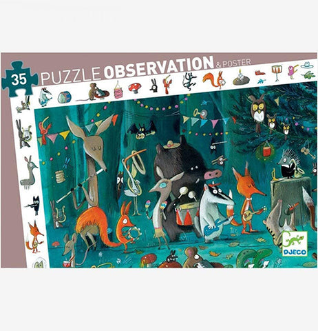 A package for a puzzle. It has a brown border, and the picture of the puzzle on it. Forest creatures are partying in the woods, and an "I spy" border surrounds the picture of the puzzle.