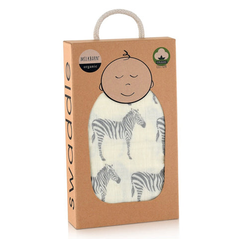Grey Zebra Swaddle Blanket with a picture of a baby that is in a box with a carry handle.