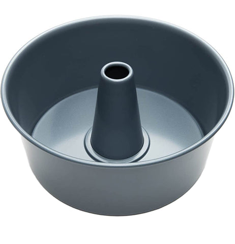 Round gray angel food cake pan with center tube on a white background.