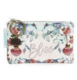 The "Bliss Pastel Thistle" Coin Purse has the design of red and white floral pastel over a white background with a word that says, "Bliss", and a key ring.