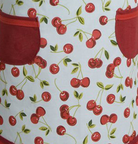 This cherry themed vintage apron has two red pockets.on each side.