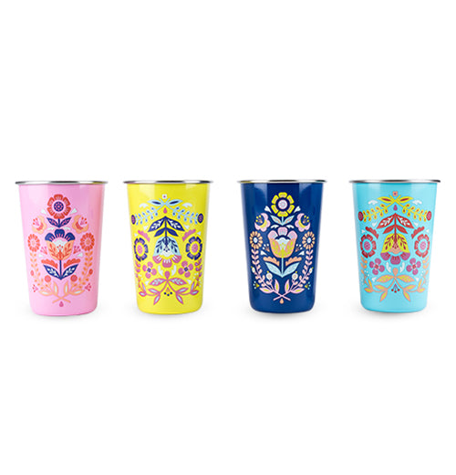 These four cups have similar designs with different colors; the first is pink with a blue and purple flower while the second is yellow with an upside-down pink and blue flower. The third is blue with an orange and turquoise flower, and the fourth is turquoise with an upside down pink and yellow flower on it.